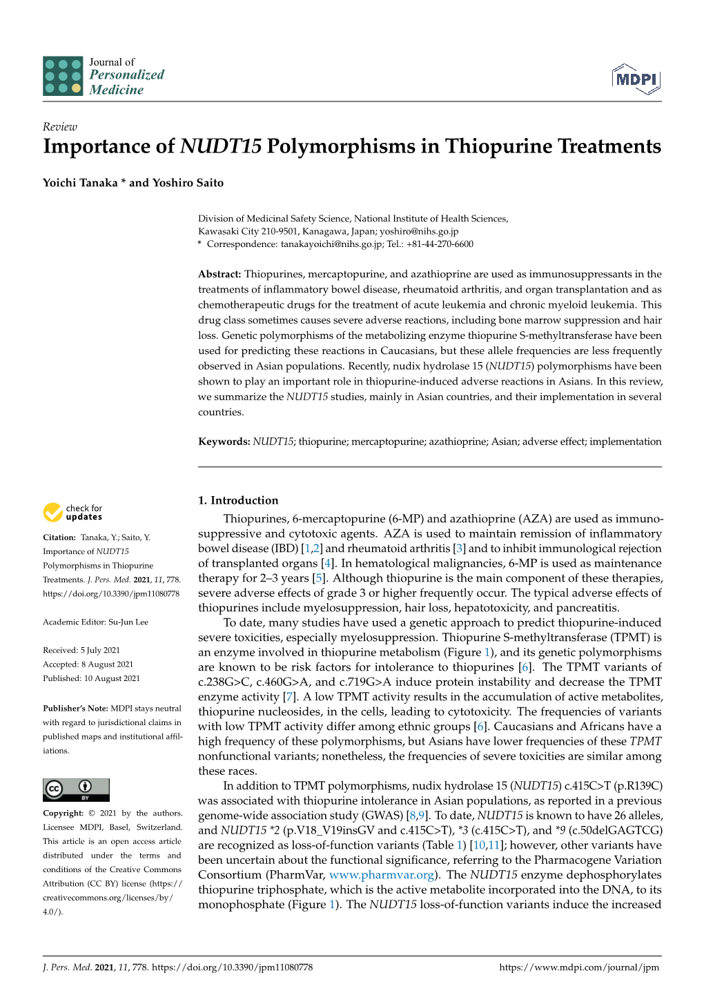 Importance of NUDT15 Polymorphisms in Thiopurine Treatments