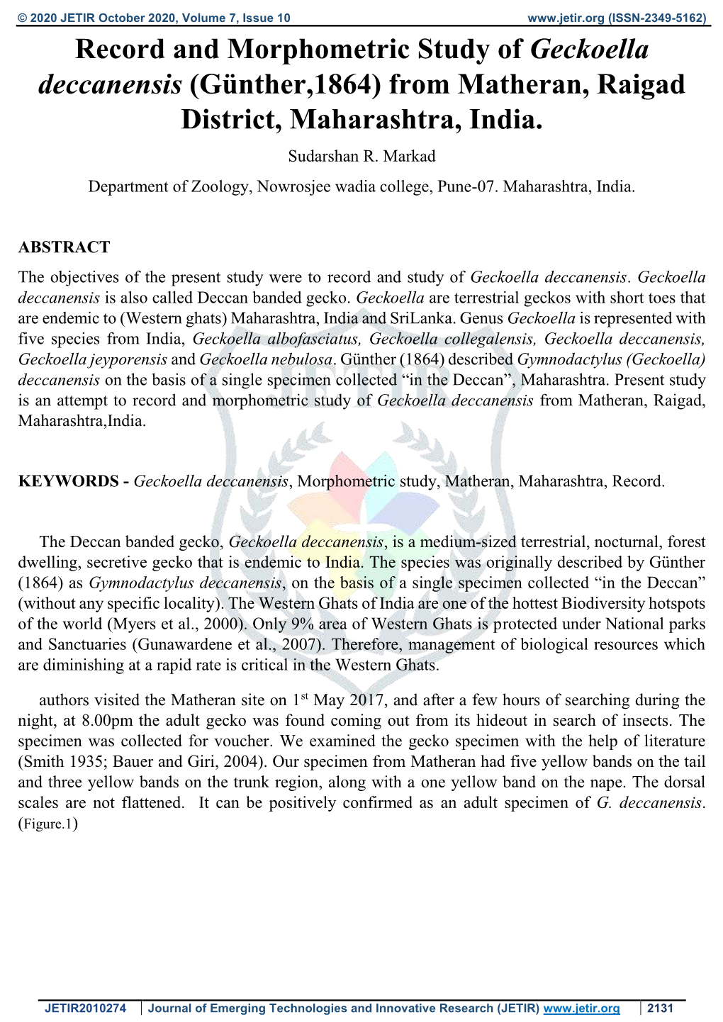 Record and Morphometric Study of Geckoella Deccanensis (Günther,1864) from Matheran, Raigad District, Maharashtra, India