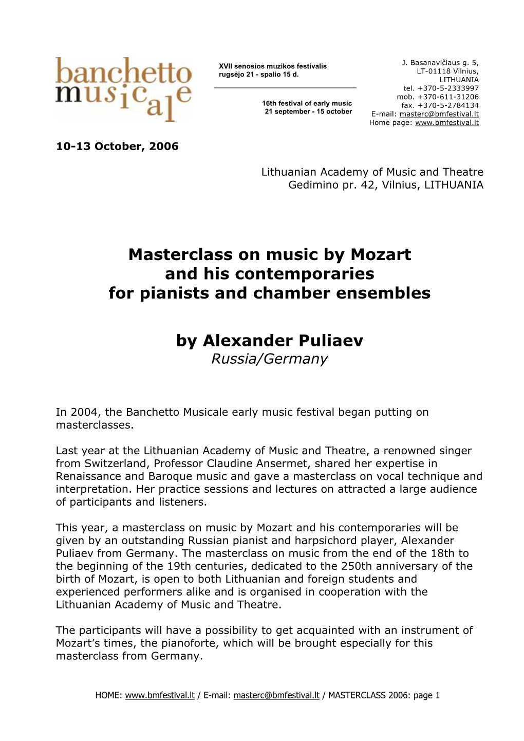Masterclass on Music by Mozart and His Contemporaries for Pianists and Chamber Ensembles