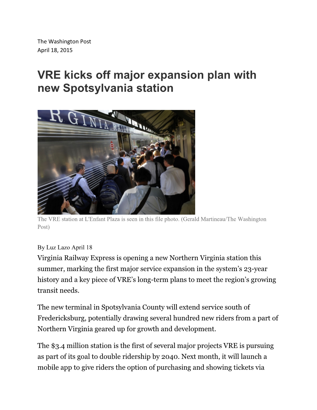 VRE Kicks Off Major Expansion Plan with New Spotsylvania Station