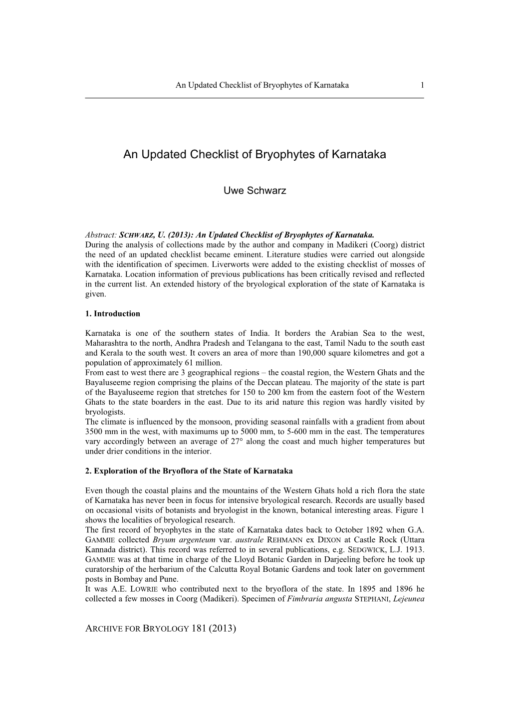 An Updated Checklist of Bryophytes of Karnataka 1