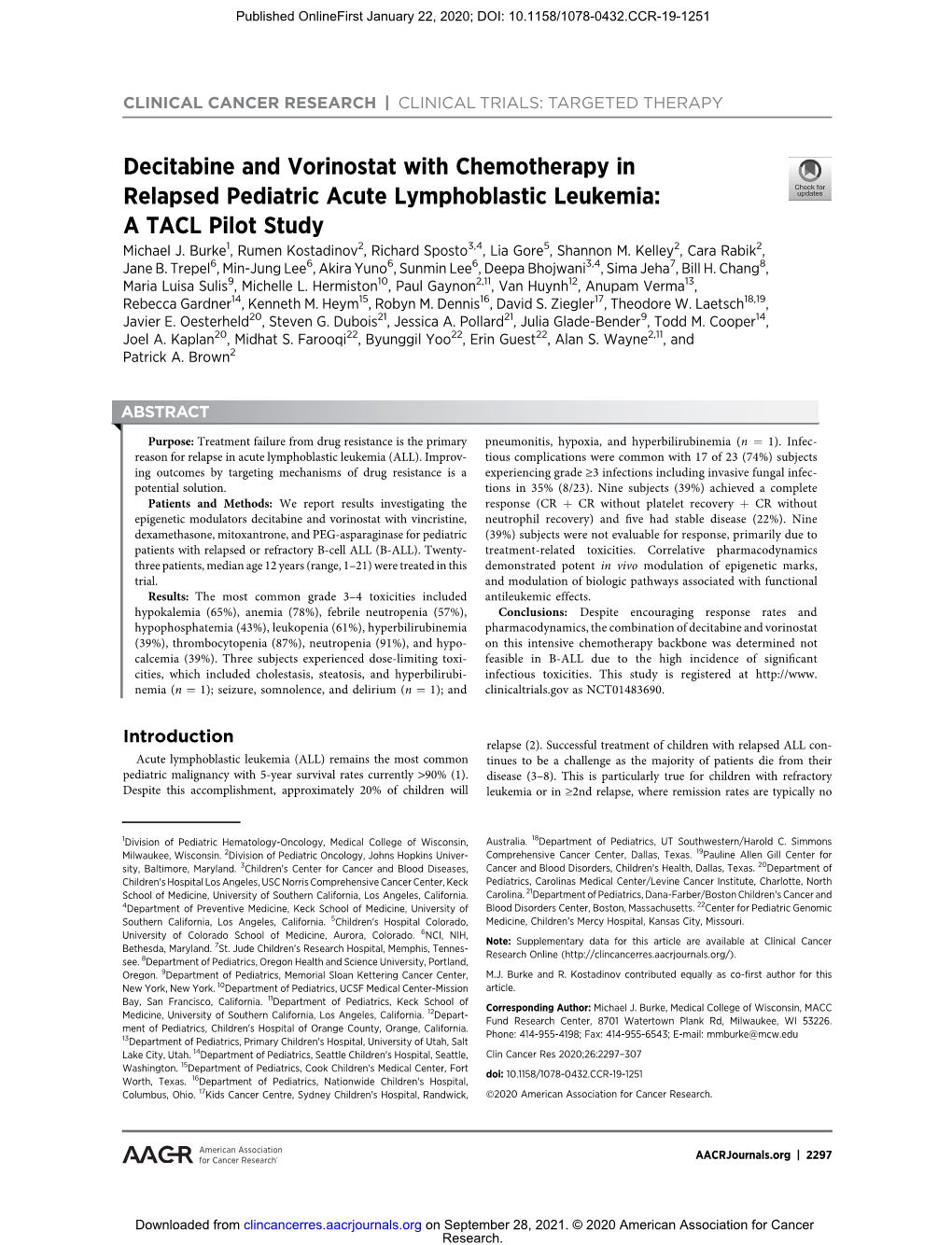 Decitabine and Vorinostat with Chemotherapy in Relapsed Pediatric Acute Lymphoblastic Leukemia: a TACL Pilot Study Michael J