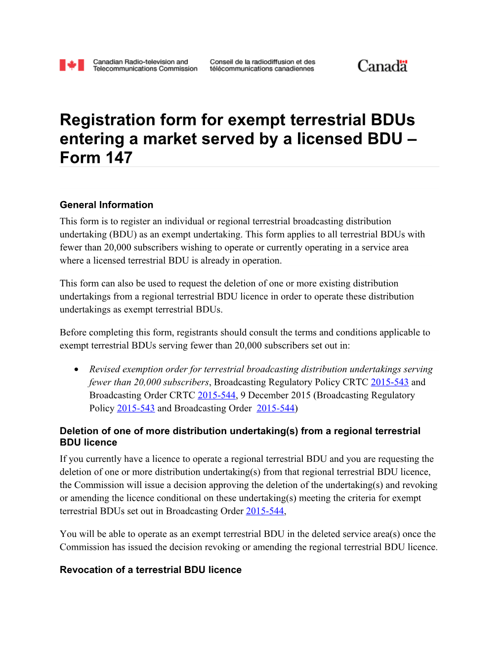 Registration Form for Exempt Terrestrial Bdus Entering a Market Served by a Licensed BDU