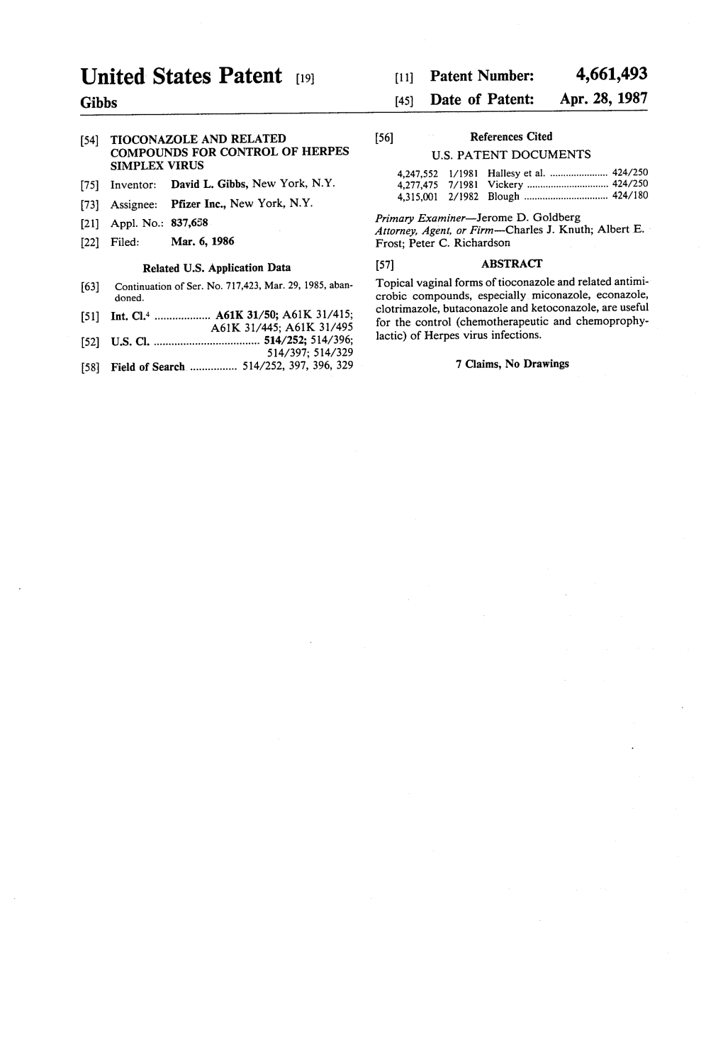 United States Patent (19) 11 Patent Number: 4,661,493 Gibbs (45) Date of Patent: Apr