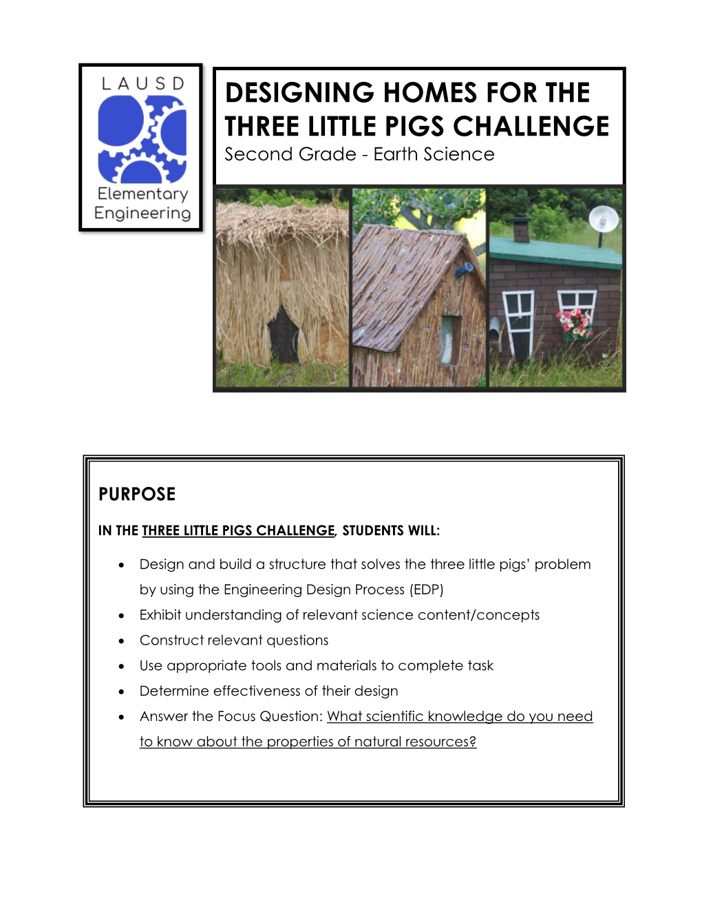 DESIGNING HOMES for the THREE LITTLE PIGS CHALLENGE Second Grade - Earth Science