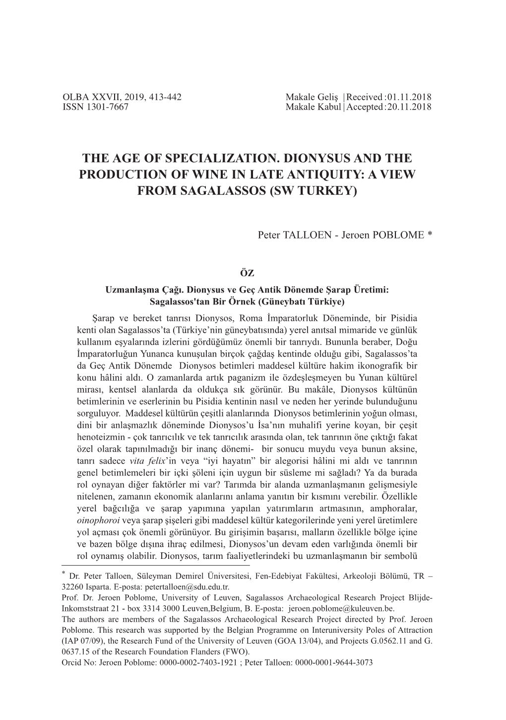 The Age of Specialization. Dionysus and the Production of Wine in Late Antiquity: a View from Sagalassos (Sw Turkey)