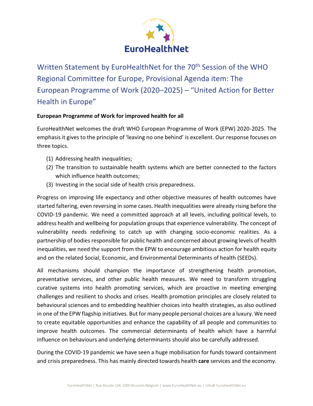 Written Statement by Eurohealthnet for the 70Th Session