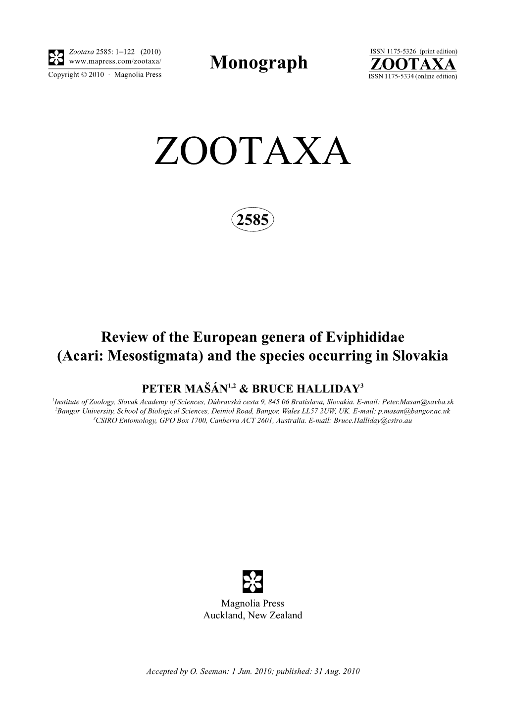 Zootaxa, Review of the European Genera of Eviphididae