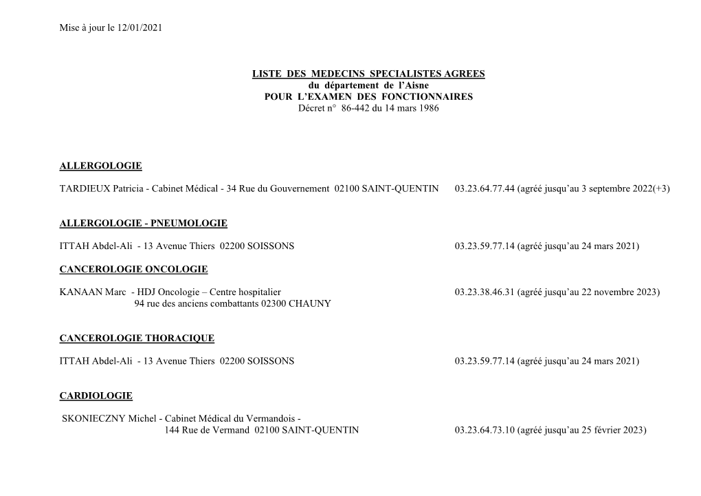 Mise À Jour Le 12/01/2021 LISTE DES MEDECINS SPECIALISTES