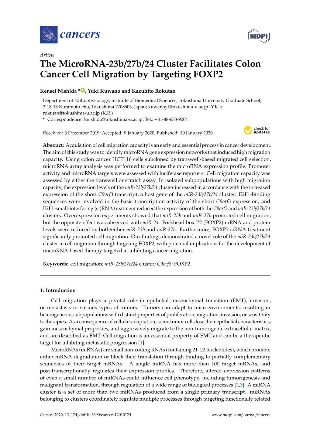 The Microrna-23B/27B/24 Cluster Facilitates Colon Cancer Cell Migration by Targeting FOXP2