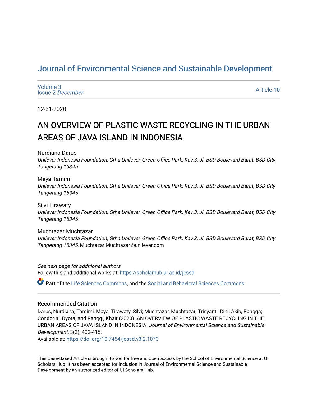 An Overview of Plastic Waste Recycling in the Urban Areas of Java Island in Indonesia