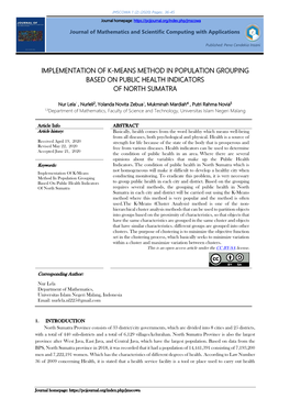 Implementation of K-Means Method in Population Grouping Based on Public Health Indicators of North Sumatra