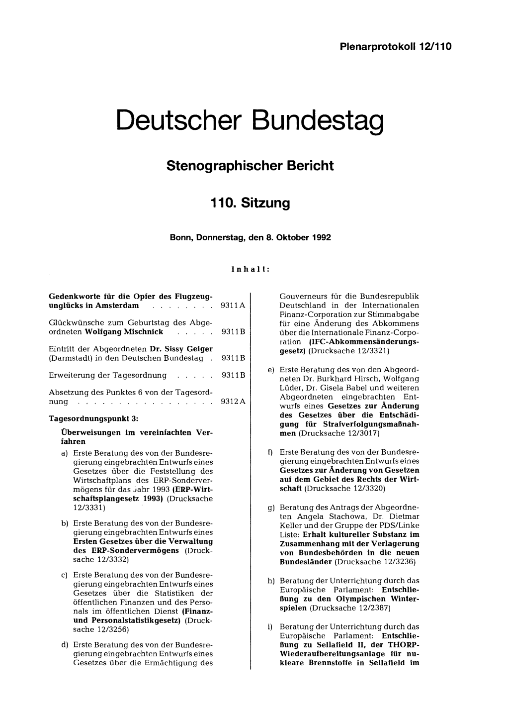 Stenographischer Bericht 110. Sitzung