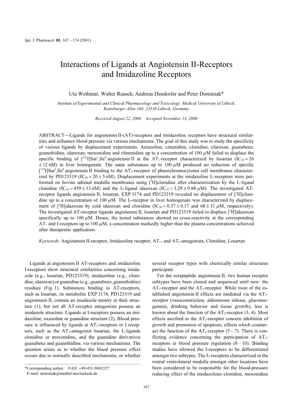 Interactions of Ligands at Angiotensin II-Receptors and Imidazoline Receptors
