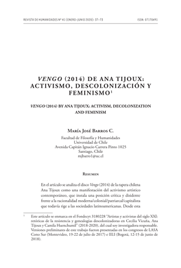 (2014) De Ana Tijoux: Activismo, Descolonización Y Feminismo1