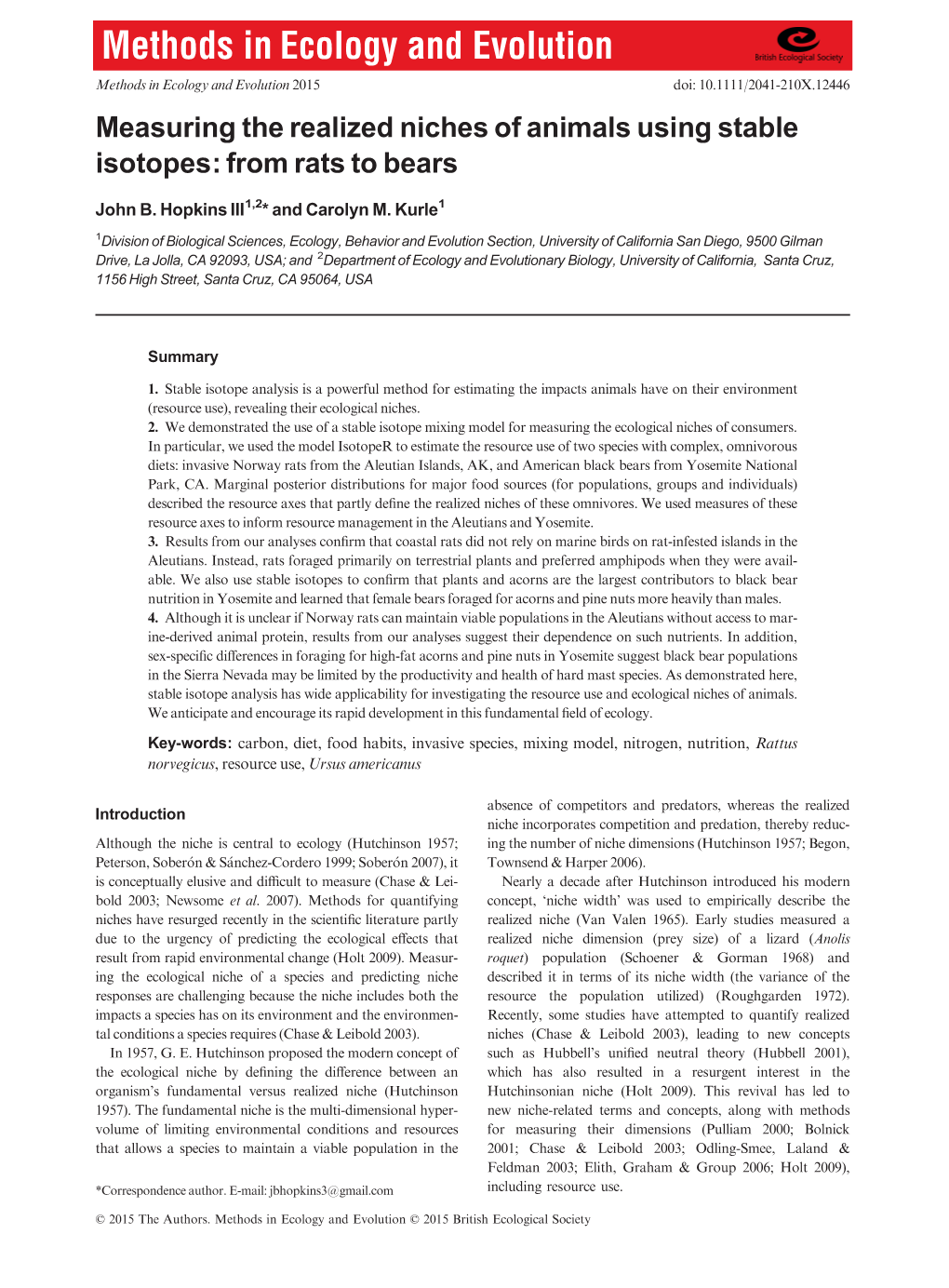 Measuring The Realized Niches Of Animals Using Stable Isotopes: From ...