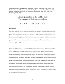 Literary Journalism in the Middle East: the Paradox of Arab Exceptionalism.” in Keeble, Richard and Tulloch, John, Eds