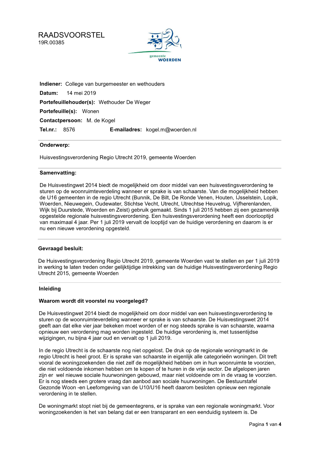 19R.00385 Raadsvoorstel Huisvestingsverordening Regio