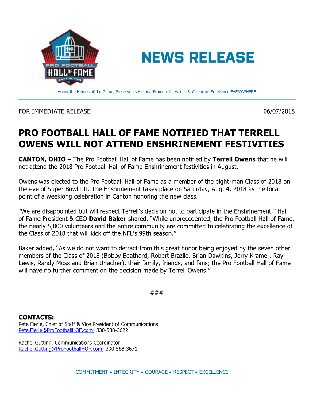 Pro Football Hall of Fame Notified That Terrell Owens Will Not Attend Enshrinement Festivities