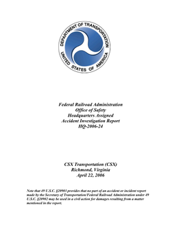 Federal Railroad Administration Office of Safety Headquarters Assigned Accident Investigation Report HQ-2006-24 CSX Transportati