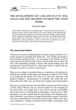 THE DEVELOPMENT of a DEATH CULT in 1930S JAPAN and the DECISION to DROP the ATOM BOMB