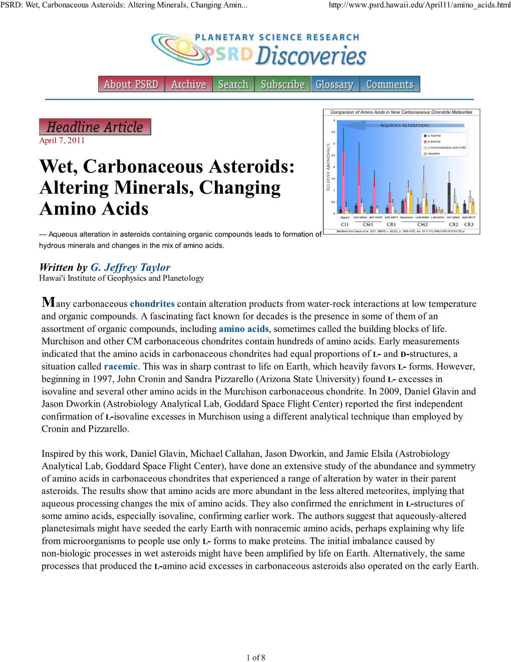 PSRD: Wet, Carbonaceous Asteroids: Altering Minerals, Changing Amino