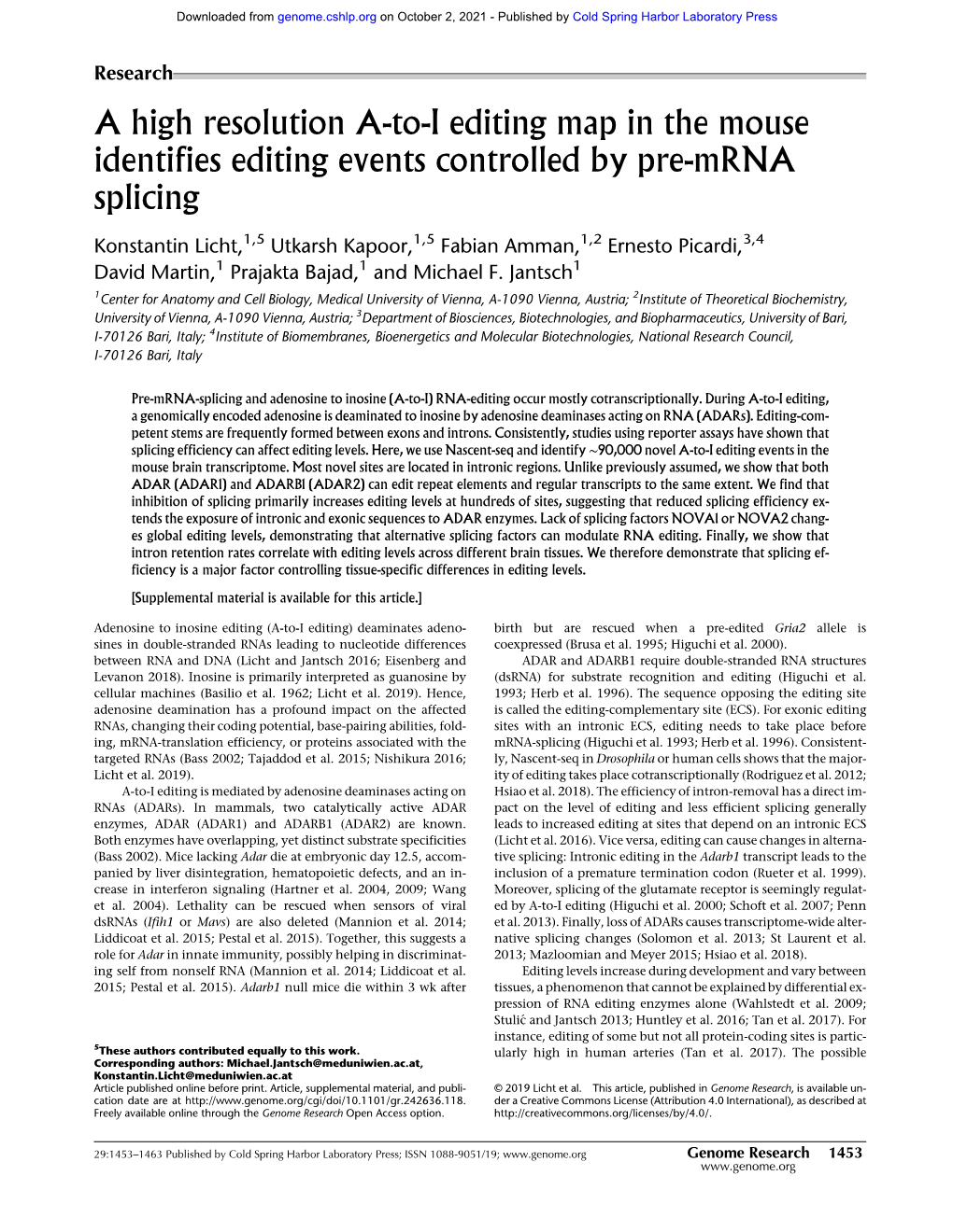 A High Resolution A-To-I Editing Map in the Mouse Identifies Editing Events Controlled by Pre-Mrna Splicing