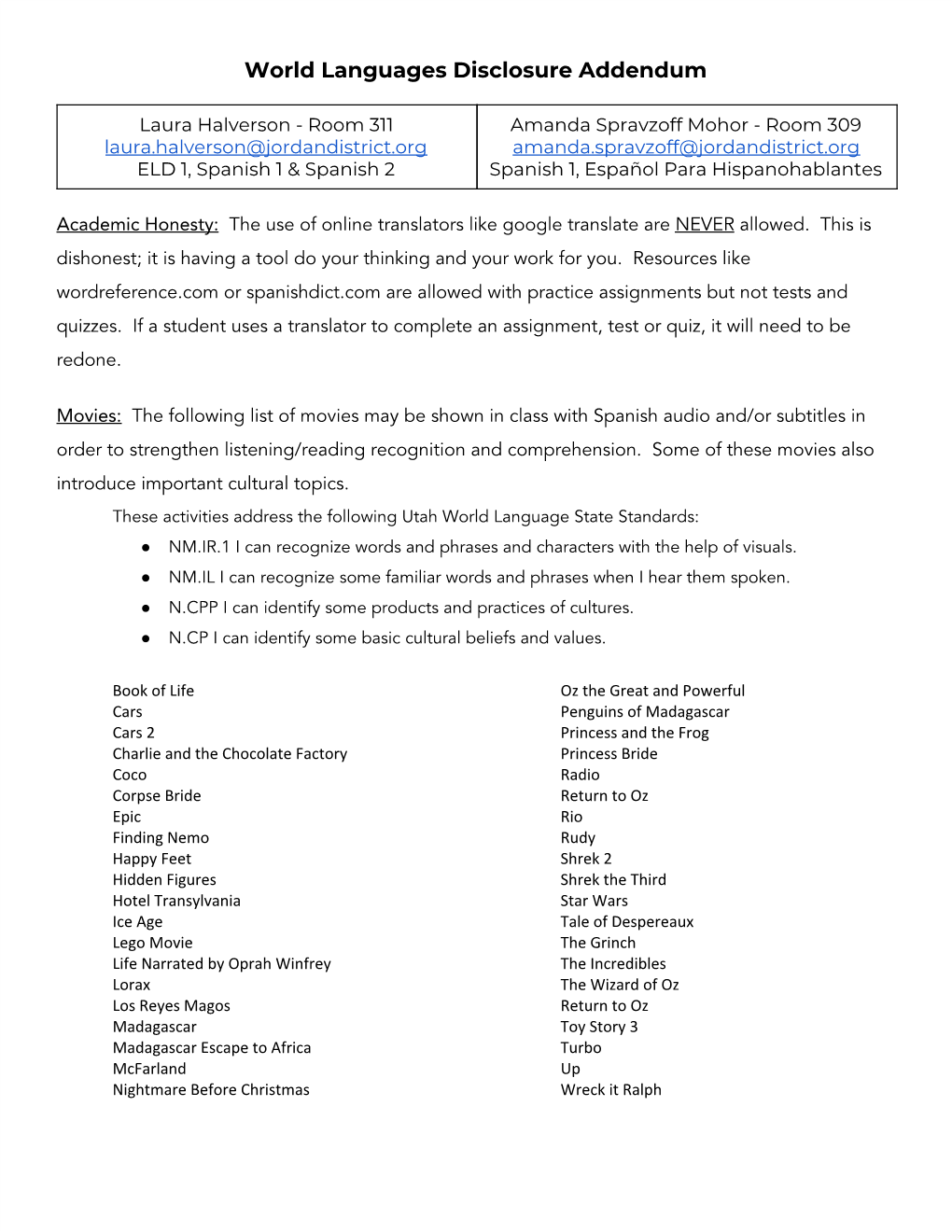 World Languages Disclosure Addendum