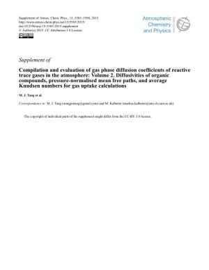 Supplement of Compilation and Evaluation of Gas Phase Diffusion Coefficients of Reactive Trace Gases in the Atmosphere