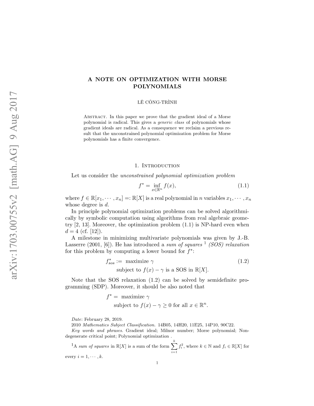 A NOTE on OPTIMIZATION with MORSE POLYNOMIALS 3 with Distinct Critical Values