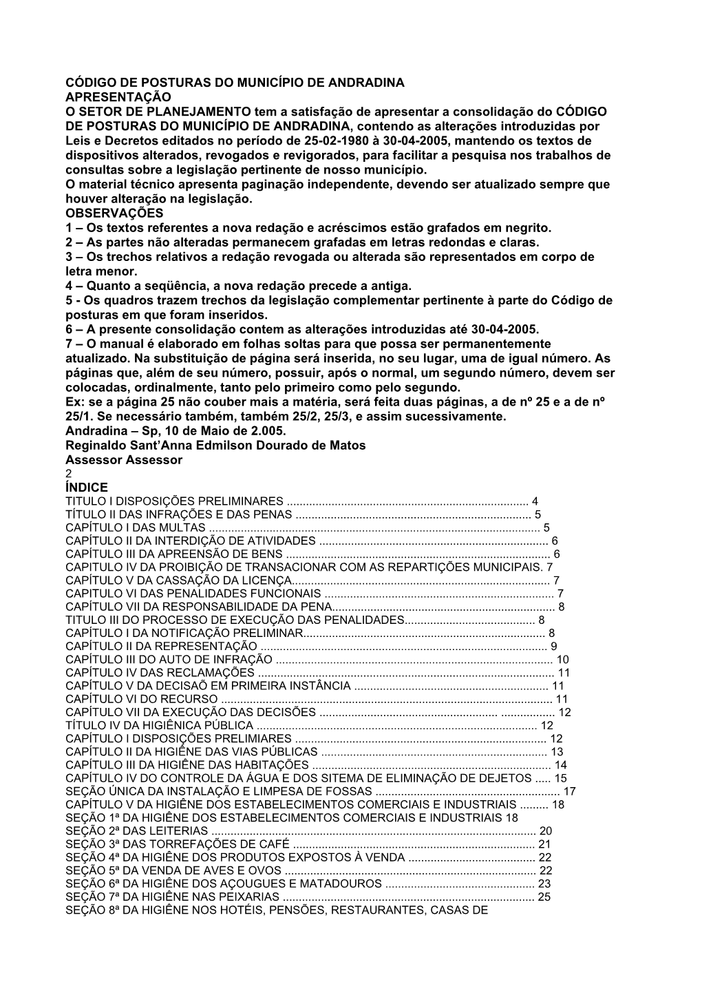 Código De Posturas Do Município De Andradina