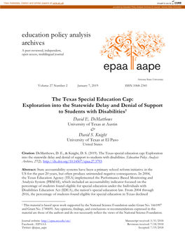 The Texas Special Education Cap: Exploration Into the Statewide Delay and Denial of Support to Students with Disabilities1 David E