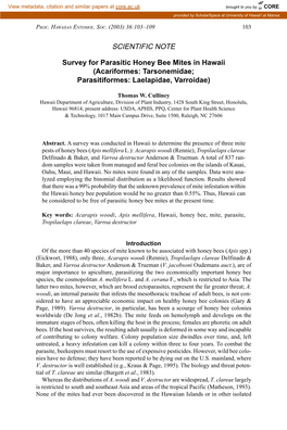 SCIENTIFIC NOTE Survey for Parasitic Honey Bee Mites in Hawaii