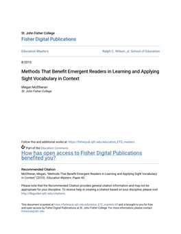 Methods That Benefit Emergent Readers in Learning and Applying Sight Vocabulary in Context