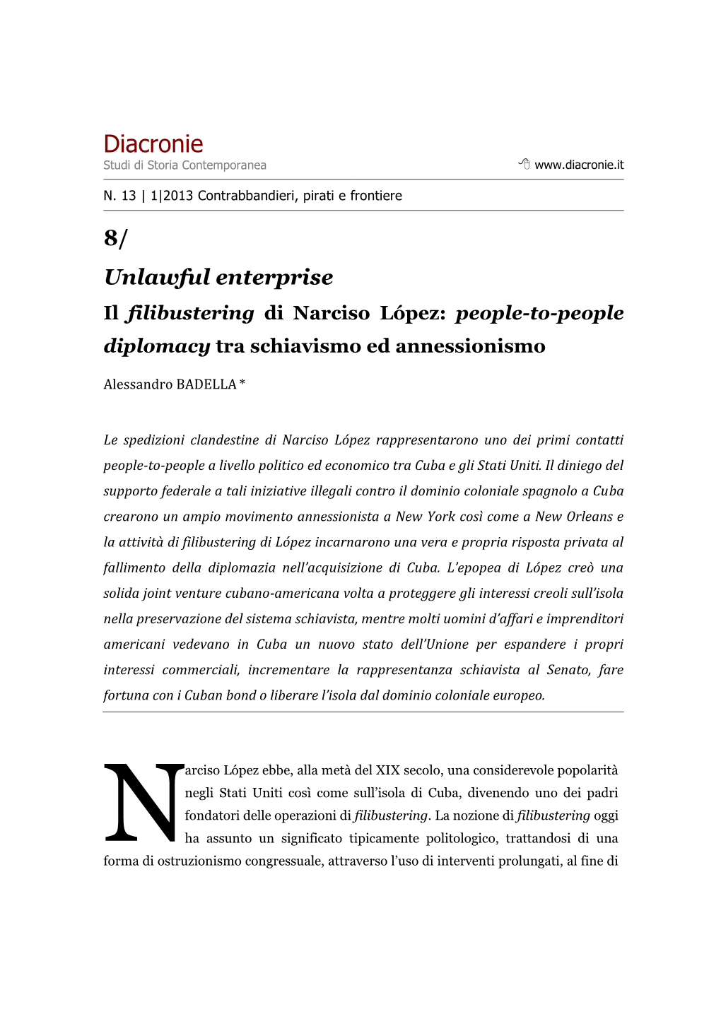 Unlawful Enterprise Il Filibustering Di Narciso López: People-To-People Diplomacy Tra Schiavismo Ed Annessionismo