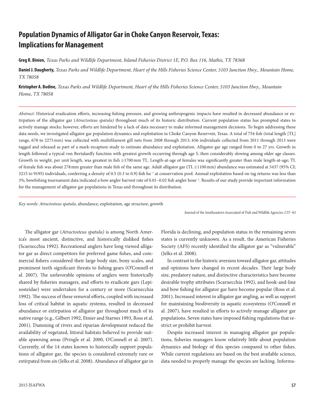 Population Dynamics of Alligator Gar in Choke Canyon Reservoir, Texas: Implications for Management