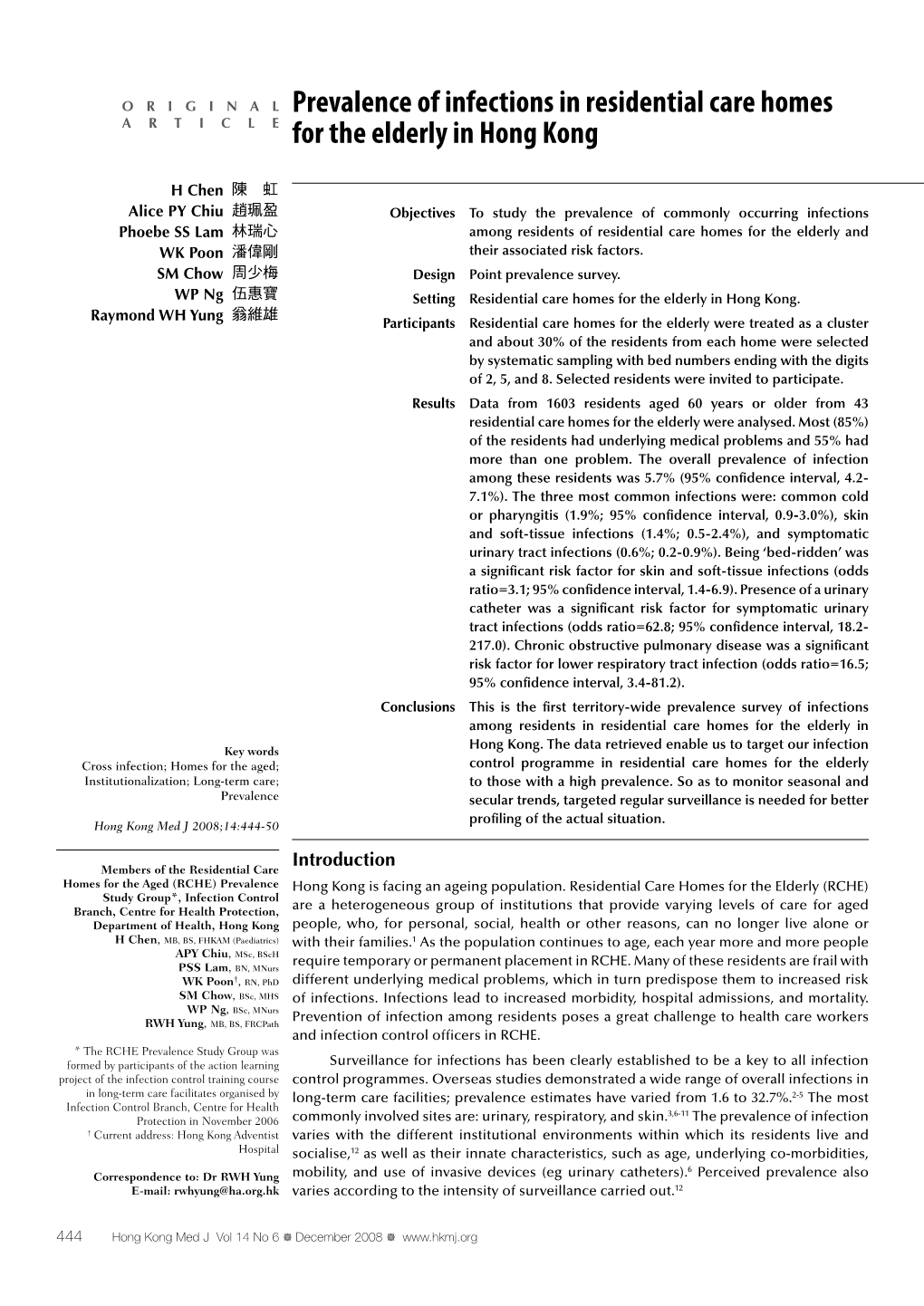 Prevalence of Infections in Residential Care Homes for the Elderly in Hong