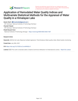 Application of Remodeled Water Quality Indices and Multivariate Statistical Methods for the Appraisal of Water Quality in a Himalayan Lake