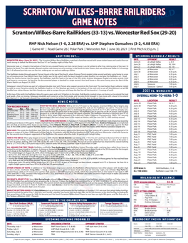 Scranton/Wilkes-Barre Railriders Game Notes Scranton/Wilkes-Barre Railriders (33-13) Vs