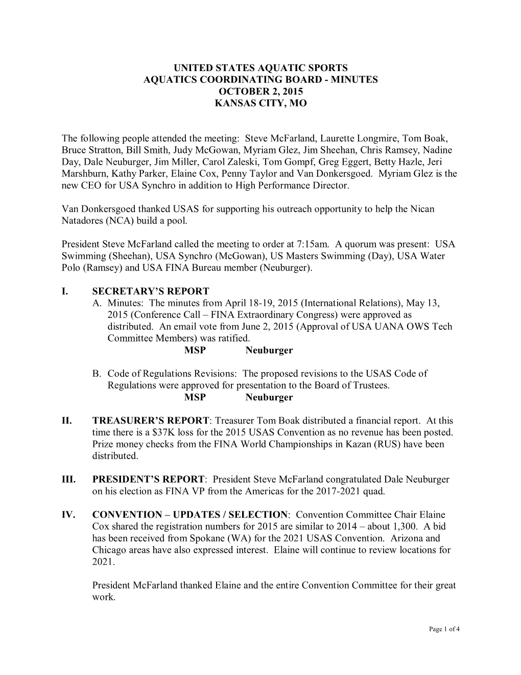 United States Aquatic Sports Aquatics Coordinating Board - Minutes October 2, 2015 Kansas City, Mo