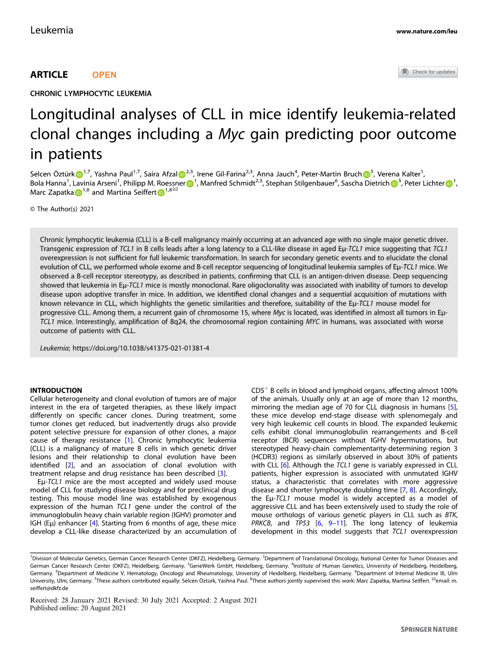 Longitudinal Analyses of CLL in Mice Identify Leukemia-Related Clonal Changes Including a Myc Gain Predicting Poor Outcome in Patients