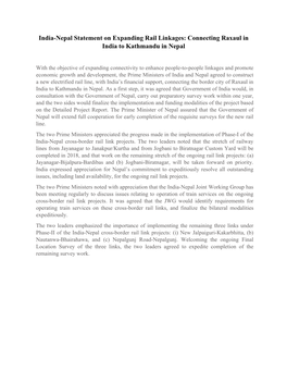 India-Nepal Statement on Expanding Rail Linkages: Connecting Raxaul in India to Kathmandu in Nepal