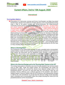 Current Affairs, 2Nd to 15Th August, 2020 Current Affairs
