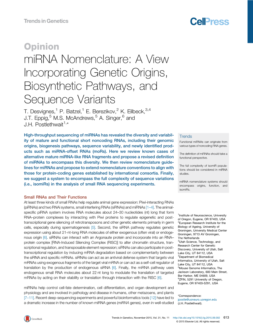 Mirna Nomenclature: a View Incorporating Genetic Origins, Biosynthetic Pathways, and Sequence Variants