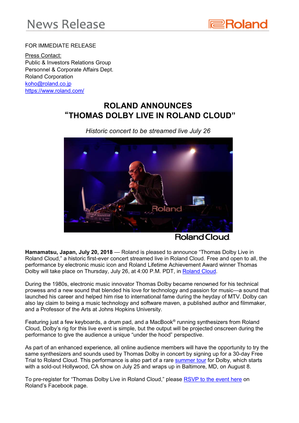 Roland Announces “Thomas Dolby Live in Roland Cloud”