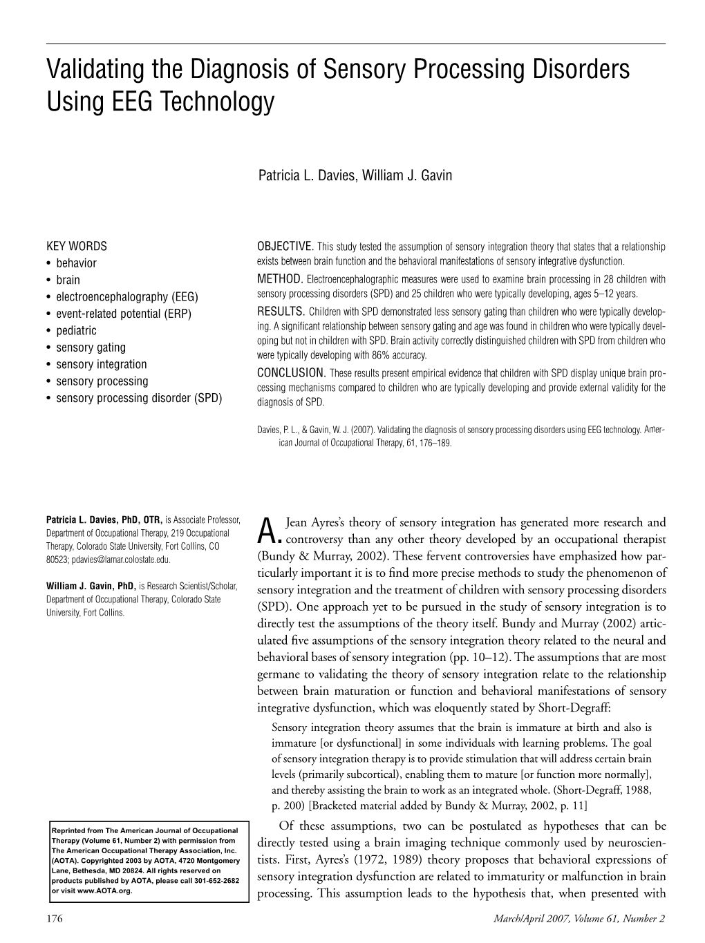 Validating the Diagnosis of Sensory Processing Disorders Using EEG Technology