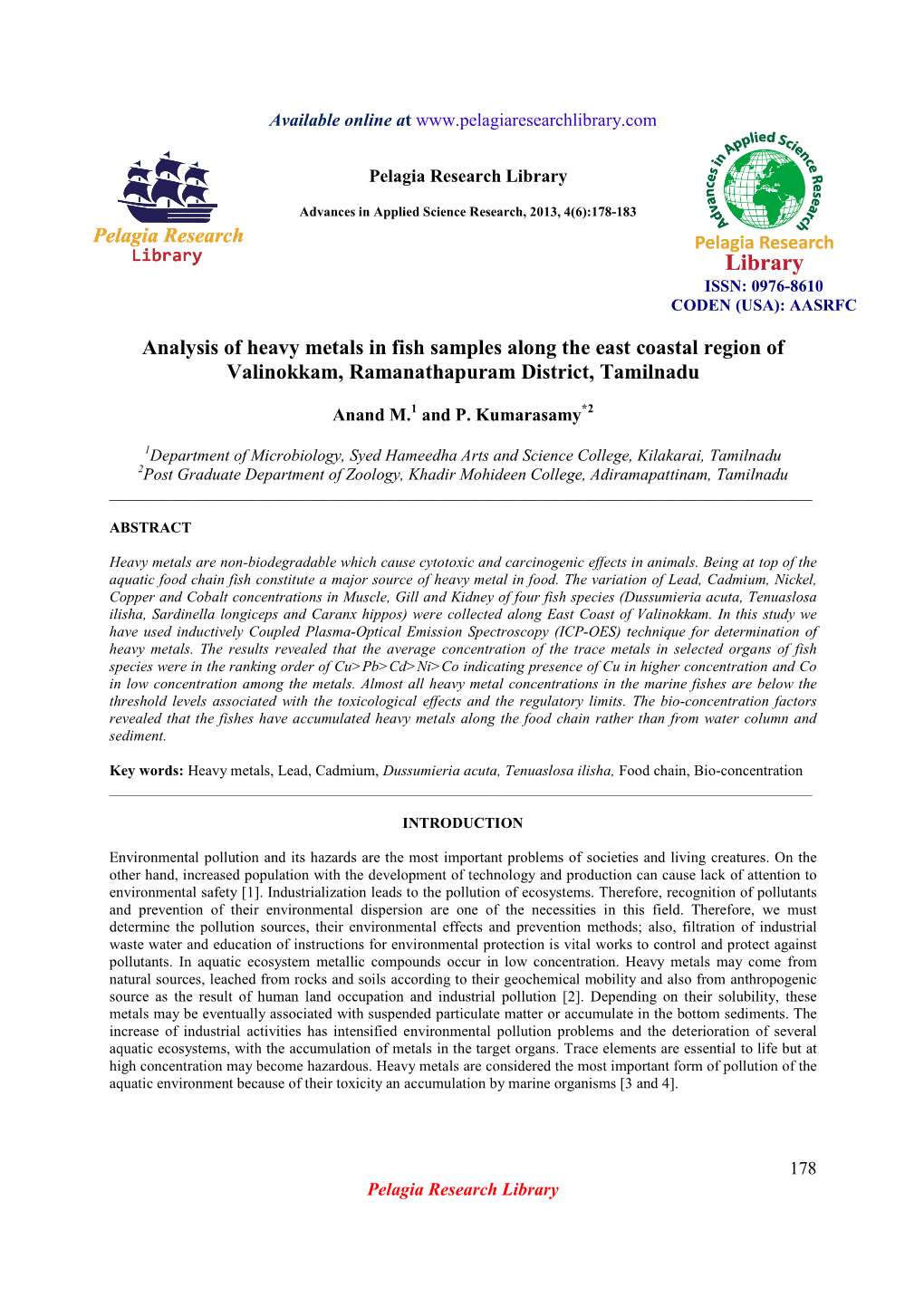 Analysis of Heavy Metals in Fish Samples Along the East Coastal Region of Valinokkam, Ramanathapuram District, Tamilnadu