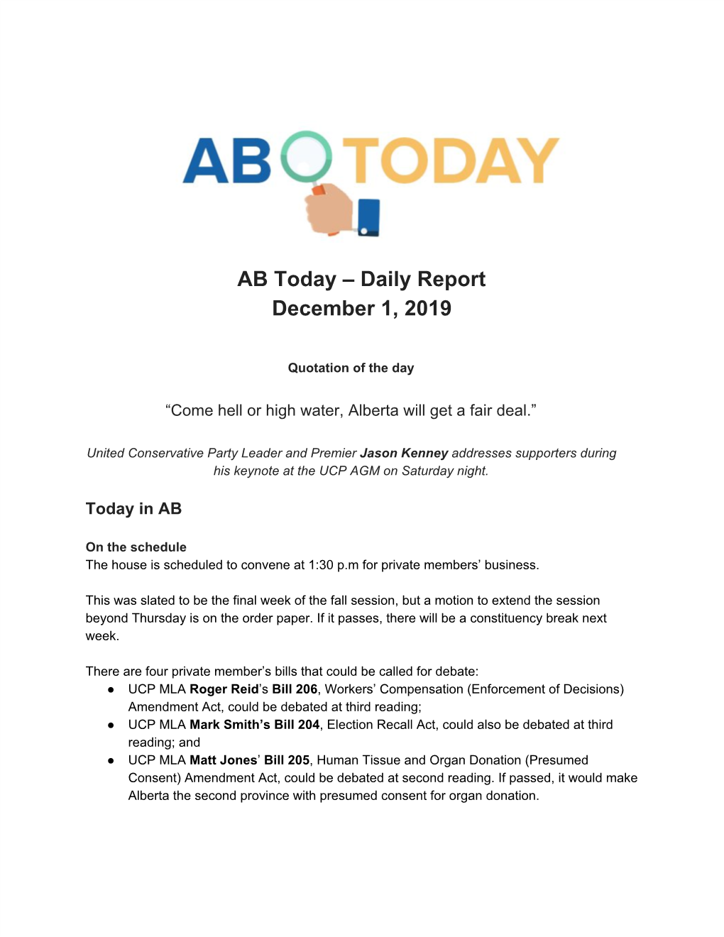 AB Today – Daily Report December 1, 2019