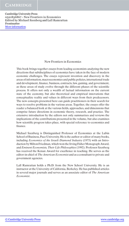 New Frontiers in Economics This Book Brings Together Essays From