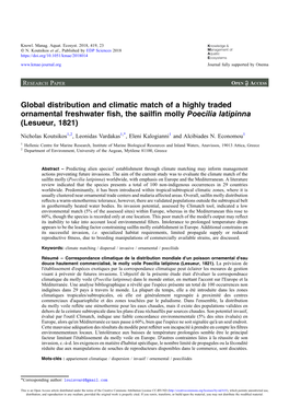 Global Distribution and Climatic Match of a Highly Traded Ornamental Freshwater ﬁsh, the Sailﬁn Molly Poecilia Latipinna (Lesueur, 1821)